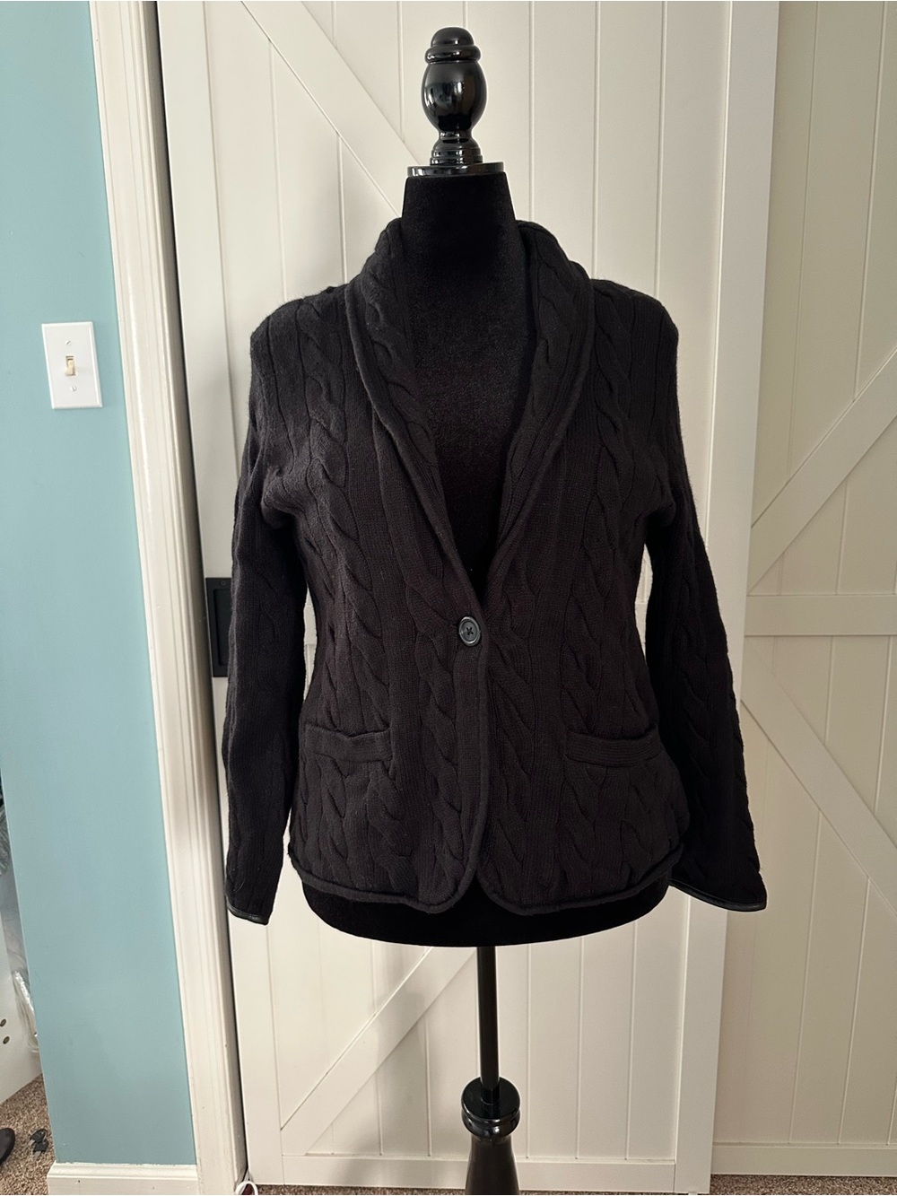 Talbots Petite XLP Black Cable Knit Sweater Wool Blend Blazer Cardigan XL
